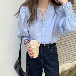 Oeggeo Nữ Xuân Thu Cổ Chữ v Bằng Gỗ Bong Bóng Tay Áo Sơ Mi Thiết Kế Thích Hợp Áo