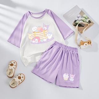 Bé Gái Mát Bộ Mùa Hè Hoạt Hình Dễ Thương Kuromi In Hình Tương Phản Vai Tay Áo Vải Lụa Băng Áo Thun Quần Nóng Thoáng Khí Phù Hợp Với