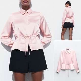 Zara 24 Xuân Hè Phong Cách Mới Nắp Dưới Nút Ẩn Đóng Dây Đeo Mỏng Có Thể Điều Chỉnh Eo Dài Tay Ve Áo Sơ Mi2824305