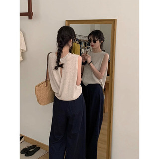 2024 Pháp Dệt Kim Tank Top Cho Nữ Mỏng Mùa Hè Áo Khoác Ngoài Có Dây Treo Rời Nhỏ Người Yêu Vai Lưng Rỗng Không Tay Top