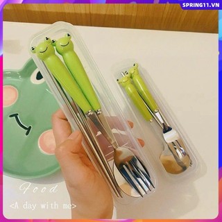 Bộ dao kéo ếch hoạt hình, Thìa và nĩa bằng thép không gỉ độc đáo vui nhộn di động, Bộ dao kéo ếch vui nhộn hợp thời trang sáng tạo, Thìa nĩa bằng thép không gỉ cho trẻ em có tay cầm bằng gốm
