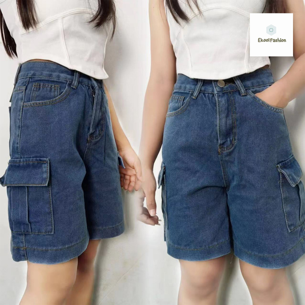 EKOOL Vintage Cargo Quần Jeans Quần Short Màu Xanh Có Túi Bên Thoáng Mát