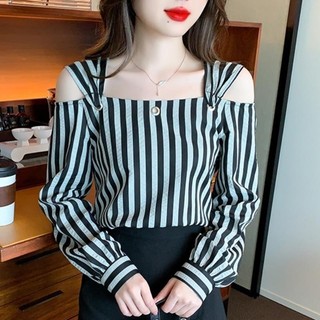Áo sơ mi sọc dài tay lệch vai nữ cổ điển khí chất cổ vuông xương đòn hàng đầu kiểu Pháp