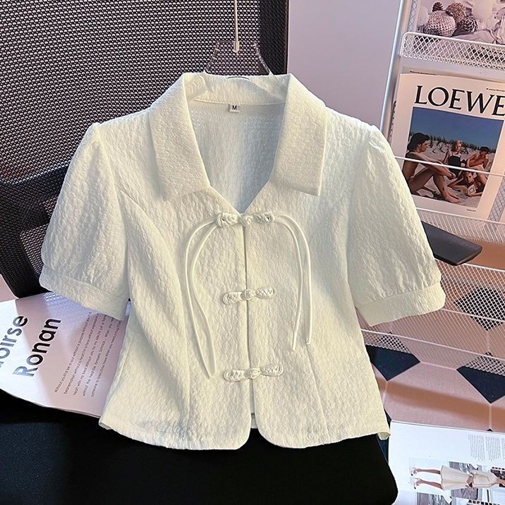 Mới Phong Cách Trung Hoa Nhỏ Ngắn Top Retro Jacquard Tay Ngắn Áo Sơ Mi Voan Mùa Hè Phong Cách Mới Che Thịt Phong Cách Phương Tây Áo Sơ Mi Nhỏ