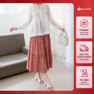  - Chân Váy Maxi Xòe Tầng Lưng Thun Cạp Cao Vải Linen Họa Tiết Chấm Bi Xếp Ly Dịu Dàng Nữ Tính - V9829LW03