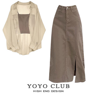 áo tank top nữ+áo sơ mi kiểu+chân váy chữ a,set bigsize nữ sang chảnh,set đồ nữ bigsize,2024 Mới Lớn Nữ Mùa Hè Bộ Áo Sơ Mi Sọc Chống Nắng Phong Cách Nữ Có Xe Tăng Nửa Váy Bộ Ba Mảnh,đồ bộ bigsize nữ,bộ quần áo nữ,set quần áo nữ,set sơ mi chân váy