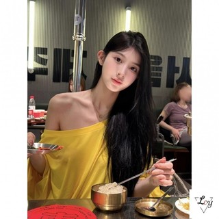 Size Lớn Áo Nữ Hàn Quốc Áo Hàn Quốc Áo Pháp Off-the-Shoulder Tính Khí Vàng Trắng Áo Nữ Phong Cách Mới Niche Rời Lười Phong Cách Sang Trọng
