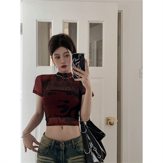 Áo baby tee Áo Thun ôm body Áo y2k In Hình Ôm Tay Ngắn Crop Top Nữ Thiết Kế Mùa Hè Nửa Cổ Cao Màu Đỏ Trang Trọng