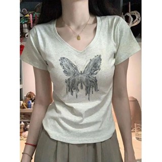 【100% cotton  Áo baby tee Áo Thun ôm body Áo y2k Áo thun cổ chữ V mỏng vừa vặn Phiên bản Hàn Quốc Mùa hè ins Phong cách mới Top