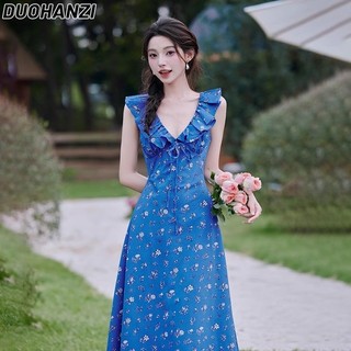 Duohanzi Váy nữ phong cách Hàn Quốc mỏng khí chất trắng váy mục vụ Pháp Klein xanh cao cấp váy ngày lễ hoa