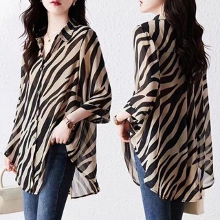 Áo blouse chiffon chống nắng tay ba phần tư cho phụ nữ họa tiết ngựa vằn áo rộng rãi che bụng kích thước lớn giảm cân 