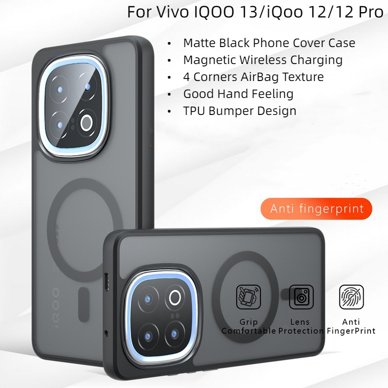 Dành Cho Vivo IQOO 12 Pro IQOO 13 Ốp Lưng Màu Đen Mờ Từ Tính Sạc Không Dây PC Cứng AirBag Vỏ Điện Th