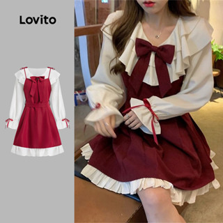 Đầm chữ A Lovito chắp vá thắt nơ viền nhún bèo phong cách dự tiệc Giáng sinh dễ thương cho nữ LNA43050