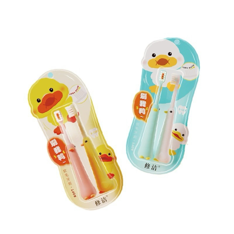 Bàn Chải Đánh Răng Cho Bé Hình Vịt Sợi Lông Mềm An Toàn Không Chứa BPA Combo 2 Chiếc Dành Cho Trẻ Từ 3 Đến 12 Tuổi Màu Xanh Trắng Vàng Hồng