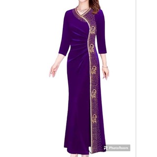 Váy, Đầm  nhung trung niên  xẻ tà cổ V nạm đá dọc áo lá kết đá sang trọng size lớn 75kg, Đầm  nhung xẻ tà