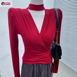 Áo thun nữ tay dài phồng cổ yếm thời trang hàn quốc