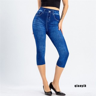 Thời Trang Nữ Giả Denim Quần Jean Nữ Giả Quần Jean Quần Legging Crop Quần Co Giãn Quần Legging