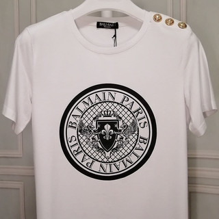 Balma*  TWomen's T-shirt Disc ShieldlogoGilding DecorationbalmainShort Sleeve Shoulder Gold and Silver Button