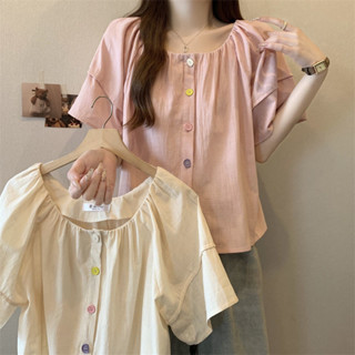 Mùa Hè Phong Cách Hàn Quốc Cổ Tròn Tay Phồng Nút Kẹo Thiết Kế Áo Sơ Mi Cảm Thấy Ngọt Ngào Rời Bao Bụng Ôm Hơn Nhìn Tay Ngắn