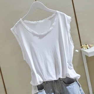 Yuewen Mùa Hè Phong Cách Mới Rời Vải Lanh Cotton Nguyên Chất Trắng Mờ Cổ Tròn Không Tay Áo Vest Nữ Áo Thun Bên Ngoài Mặc Camisole Top