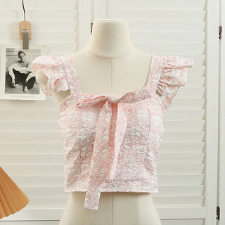 Daxingzhe Ngọt Ngào Nơ Nhỏ Bay Tay Ngắn Phong Cách Sling Nữ Sang Trọng Jacquard Áo Vest Không Tay Có Miếng Lót Ngực
