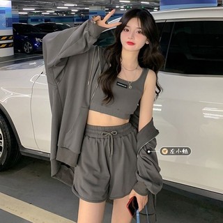 Bộ Đồ Nữ Khí Chất Mẫu Mới Mùa Hè, Áo Khoác Nữ Có Khóa Kéo, Quần Đùi Ống Rộng, Áo Ba Lỗ Thể Thao Thường Ngày