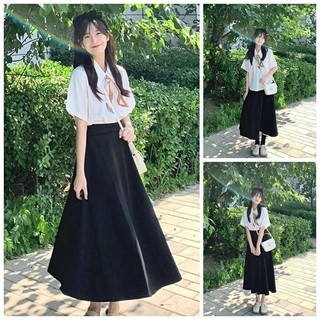 Set Váy Nữ Áo Sơ Mi Khăn Lụa Mùa Hè, Váy Chữ A Dáng Dài Rộng Rãi Tôn Dáng Thanh Lịch Nữ Học Sinh