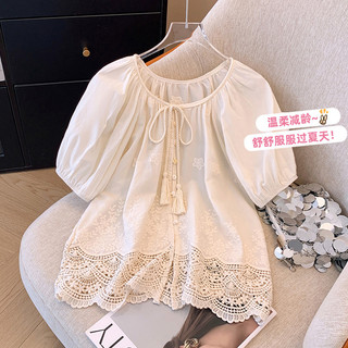 Hàng sẵn có Real Shot Mùa hè 2024 Phong cách mới Cổ tròn nửa tay thêu ren dáng rộng Áo sơ mi em bé Áo sơ mi mùa hè QCWJ
