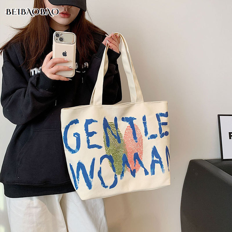 BEIBAOBAO Túi tote vải canvas thời trang mới dành cho sinh viên dung tích lớn đi lại túi xách đeo vai đa năng