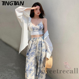 Tingtianset: Áo và quần hai cổ chữ V, lưng co giãn, họa tiết hoa thời trang, thích hợp cho nữ