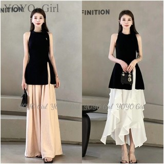 Yoyo Phiên Bản Hàn Quốc Thiết Kế Mỏng Hơn Nhìn Thường Ngày Phù Hợp Với Áo Vest Dệt Kim Chia Hai Mảnh Màu Đen Không Tay Top Dệt Kim Top + Phong Cách Mỏng Ice Silk Hakama Drape Linen Quần