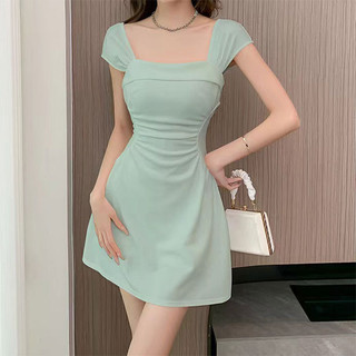 Cổ Vuông Pháp Màu Trơn Xếp Ly Mùa Hè Nữ Mới Thanh Lịch Giảm Béo Thường Ngày Đầm Midi