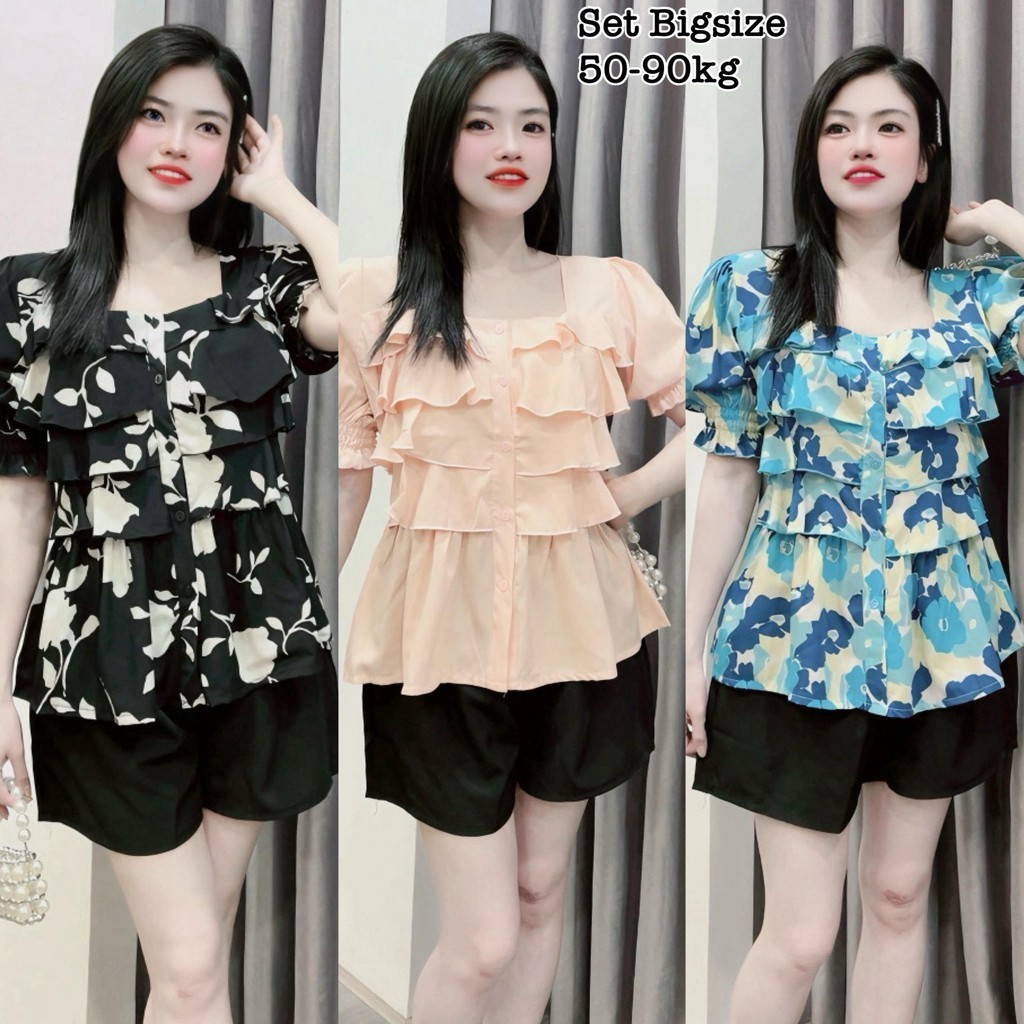 (HCM) Sét Bigsize Thiết Kế Đón Tết Tay Ngắn Cổ Vuông Áo Nhún Tầng Vải Lụa Cao Cấp, Thời Trang Bigsiz