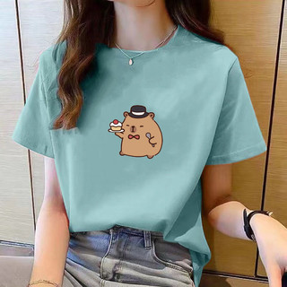 Áo thun dáng rộng nữ mùa hè Quần áo nữ tay ngắn cổ tròn áo thun đen dành cho nữ thời trang áo thun in hình giản dị 大 ❈ ❥ ❈