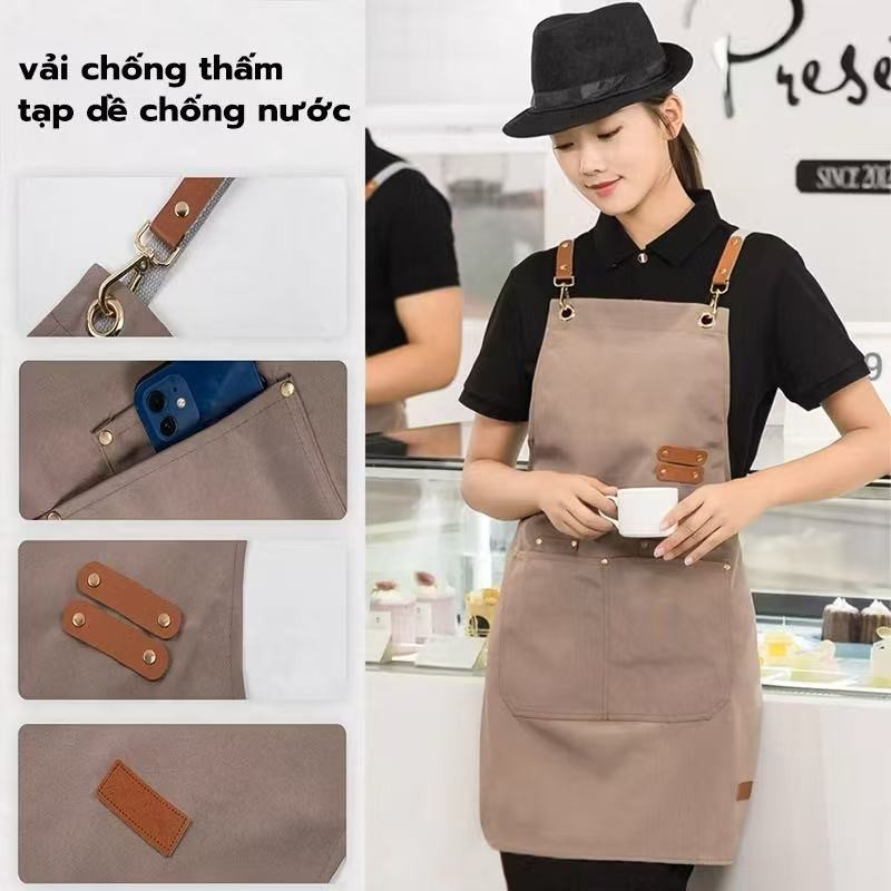 Tạp dề vải bạt chống thấm nước và dầu cho dịch vụ pha chế cà phê, tạp dề màu trơn, thiết kế túi đựng đồ rộng rãi
