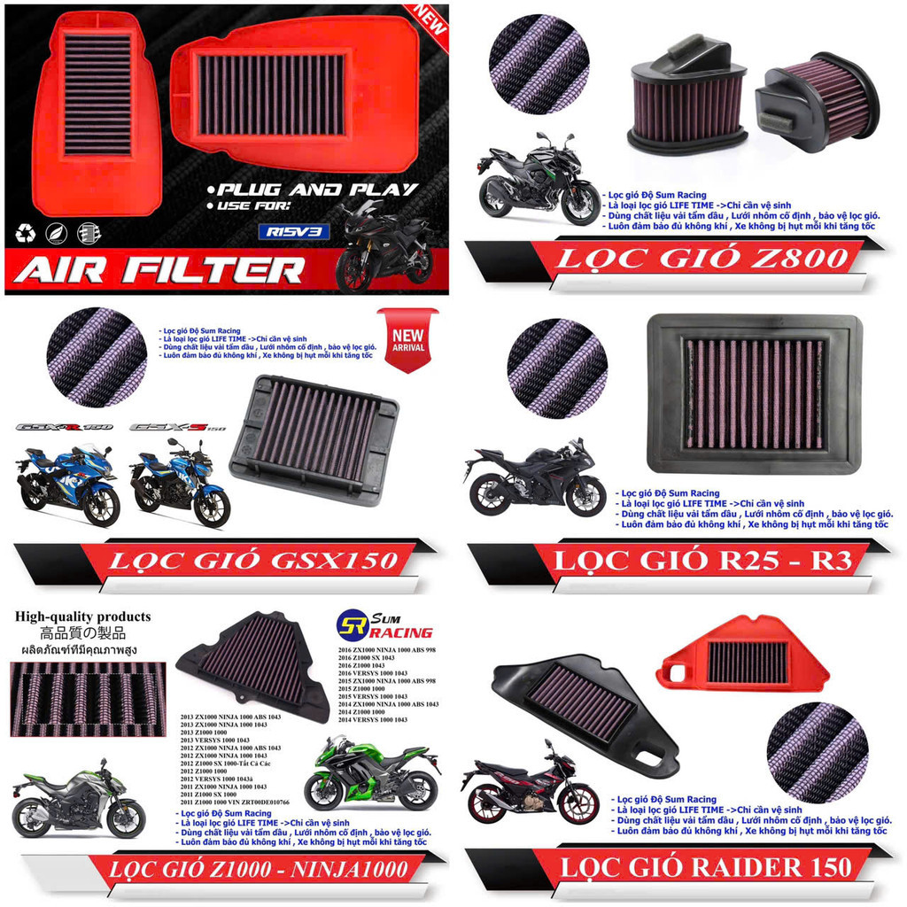 Lọc gió độ kawasaki NINJA Z1000-Z800 / yamaha R3 - R25 - R15V3 - NVX  [SUM RACING]