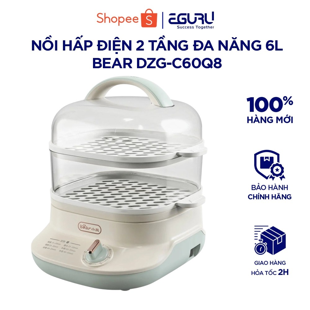 Nồi Hấp Điện 2 Tầng Đa Năng BEAR DZG-C60Q8 - 6L- Tiết Kiệm Điện- Hẹn Giờ Tắt - BH 18 tháng
