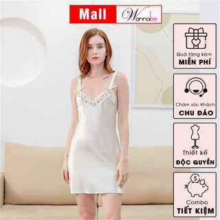 Đầm ngủ WANNABE váy ngủ lụa cổ tim phối ren khoe núi đôi căng tròn bản vai 2cm đính nơ nữ tính DNS54