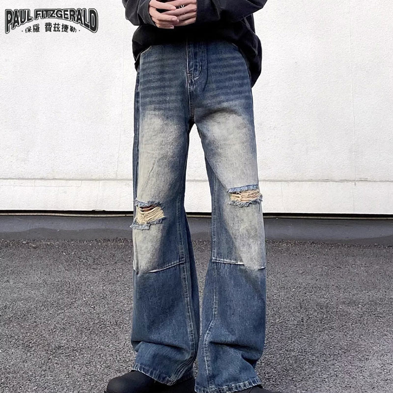 Paul FITZGERALD American retro giặt quần jean rách đầu gối đau khổ dành cho nam và nữ ins dáng rộng thường ngày ống rộng quần thẳng