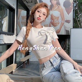 Heng Shan Yuan Nữ ngắn tay nơ màu trơn Áo thun cổ tròn chui đầu giản dị và thoải mái Áo thun hàng đầu