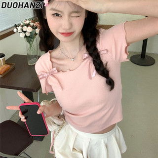 Áo thun nữ DUOHANZI Mùa hè ngắn cổ vuông thiết kế nơ-tie vai phải tay ngắn thon gọn hàng đầu