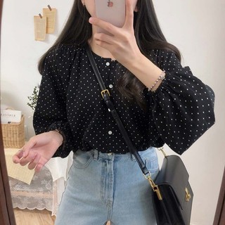 Liên kết ❀ Áo sơ mi chấm bi Hàn Quốc dài tay cổ tròn mỏng Áo sơ mi nữ