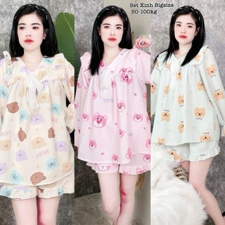 Đồ Ngủ Bigsize, Đồ Bộ Pijama - Set Bộ Đùi Tay Dài Babydoll Bigsize Mặc Nhà Đùi Lụa Xốp Cao Cấp Xinh Đẹp Bigsize 50-100kg