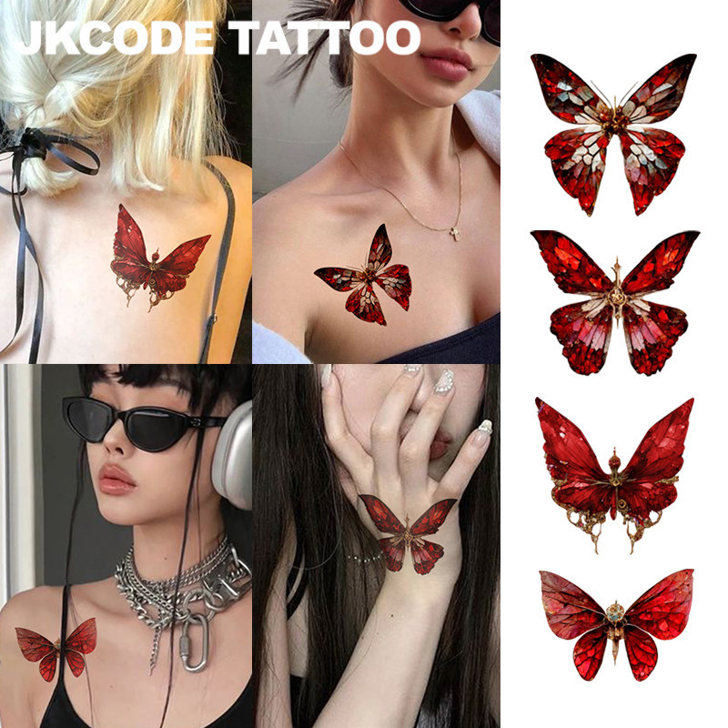 4 tờ Crimson Ruby Butterfly Hình xăm giả Phong cách tương lai Y2K Sweet Cool Hot Girl Tattoo Sticker KPOP Đen Hồng Cô gái Phụ kiện thời trang Tay Xương đòn Ngực Lưng Nữ Hình xăm tạm thời INS Art Hình xăm vẽ tay lâu trôi Chống thấm nước 3-7 ngày [JK Mã]