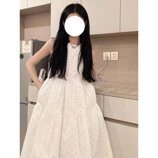 Oeggeo Nữ thiết kế mùa hè cảm giác Pháp chấm bi cao eo chữ A váy không tay áo vest