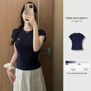 Mùa Hè Mới Thêu Nơ Cotton Vai Ngắn Tay Áo Thun Nữ Slim Fit Slim Nhìn Đế Ngắn Hot Girl Top