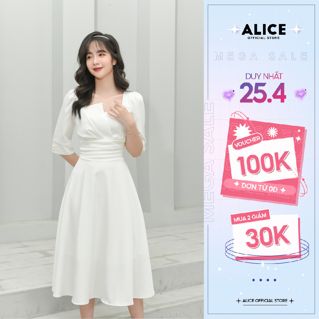 Đầm Dự Tiệc Thiết Kế ALICE Cổ Vuông Dập Ly Sang Trọng, Thiết Kế Dáng Dài Xòe, Tay Lỡ Thắt Eo Thanh Lịch V677