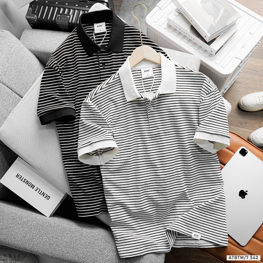 Áo thun polo nam kẻ sọc chất liệu thun cá sấu dệt gân, form slim fit 7542