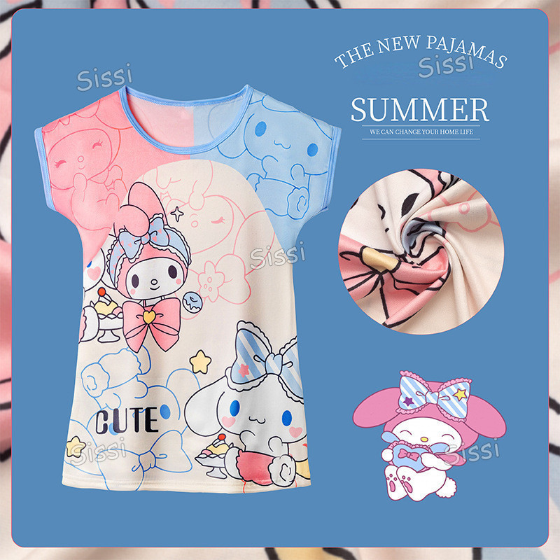 Bộ Đồ Ngủ Mới Cho Trẻ Em Kuromi Sanrio Pyjama Giai Điệu Cinnamoroll Đồ Ngủ Mùa Hè Cho Bé Gái Mỏng Hoạt Hình Đầm Cổ Tròn Váy Ngủ Trẻ Em Nhà Clohting