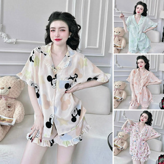  Đồ Bộ Đùi Tay Ngắn Chất Đũi Xốp, Đồ Ngủ Mặc Nhà Quần Cộc Viền Bèo Họa Tiết Dễ Thương